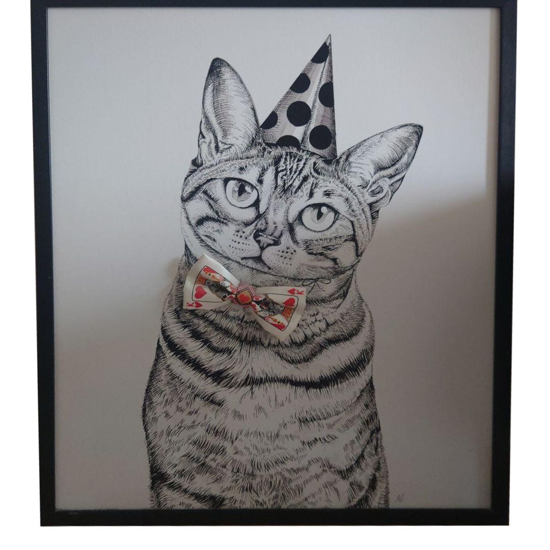 Art Poster of Cats: Art Poster of Cats This is a framed art piece depicting cats in a black and white style. The theme is cats, rendered in black and white line drawing, adorned with party hats and a bow tie with playing