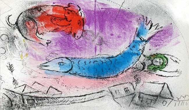 Marc Chagall (1887-1985) - A Blue Fish: Marc Chagall (1887-1985) - A Blue Fish Lithograph from 1957. Dimensions of work: 23 x 40 cm Publisher: Maeght Éditeur, Paris. The work is in Excellent condition. Fast and secure shipment.