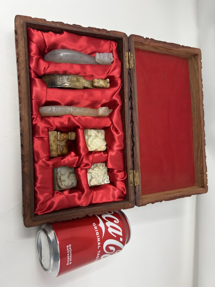 Chinese Jade Belt and Seal Group (7 pcs lot) with Box: Belt Size: from 3 1/2 to 4 (L) inches, Seal Size: 1 1/8(L) x 1 1/8 (W) x 1/2 (H) inches x 2 ,1 1/4 (L) x 1 1/4 (W) x 1/2 (H) inches ,1 1/4 (L) x 1 1/4 (W) x 1 1/4 (H) inches ,Box: 10 (L) x 6 (W) x 2 1