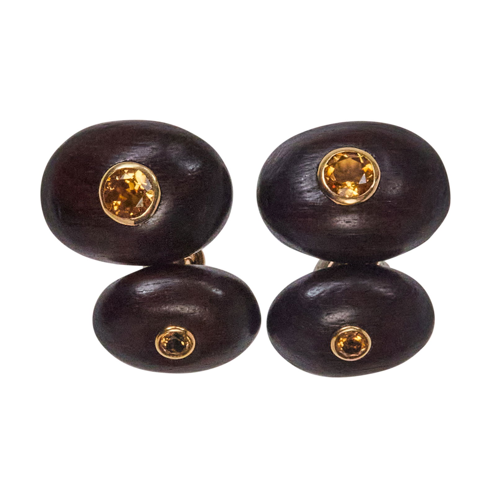 18k Yellow Gold, Wood and Faceted Citrine Cufflinks signed Trianon (1 of 2)