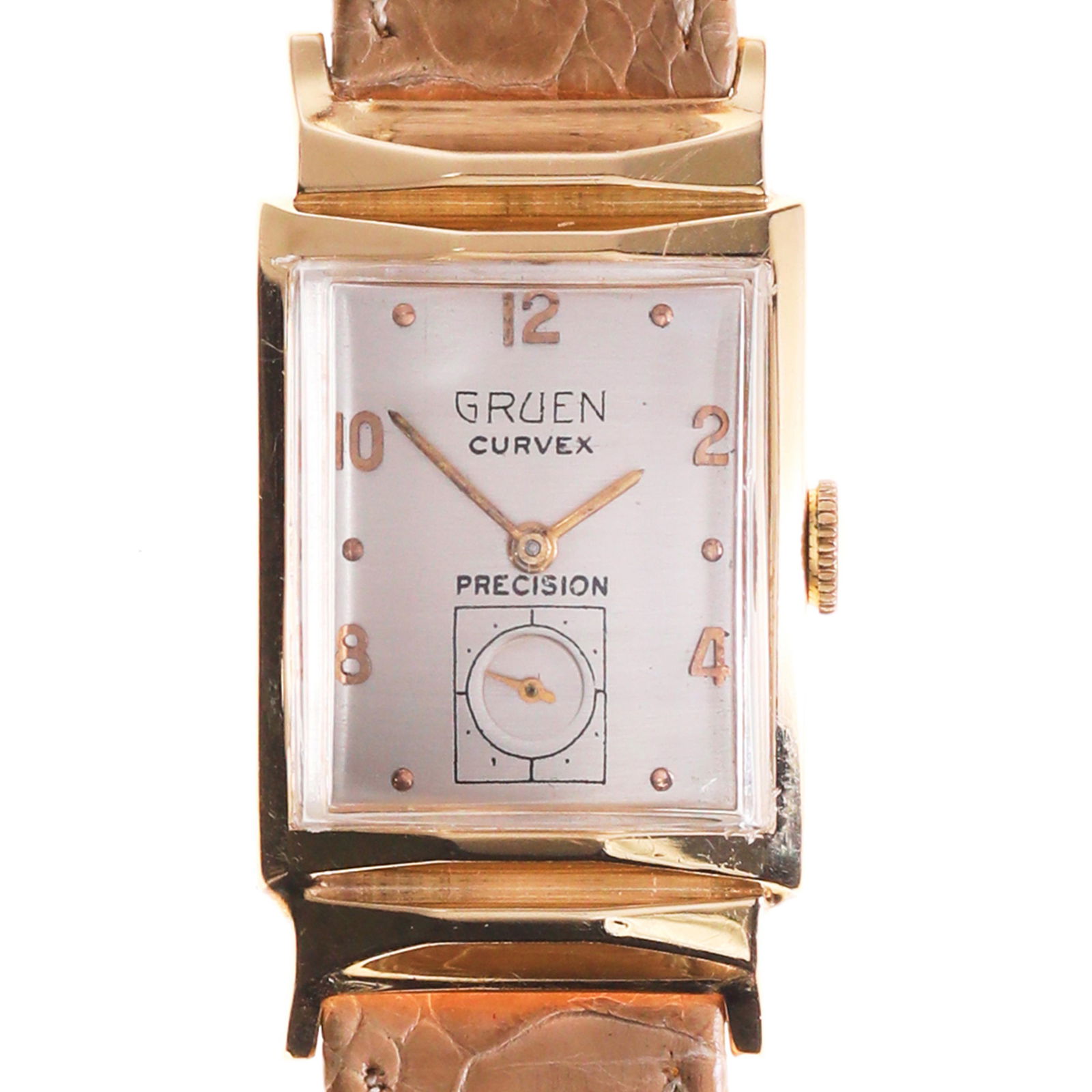 Gruen Curvex Precision14k Yellow Gold Men's Wristwatch: The Gruen Curvex Precision ref. 440-577 rectangular wrist watch has a 17 jewel manual wind caliber 440 movement and is in a 14k yellow gold caseDial: silvered metal dial with applied Arabic and altern