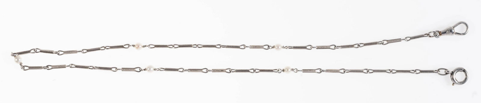 PLATINUM AND SEED PEARL ART DECO CRESARROW WATCH CHAIN: Gentleman's Platinum And Seed Pearl Art Deco Era Dress Pocket Watch Chain By The Cresarrow Watch Company Of Newark, New Jersey. The Chain Measures Approx. 14 Inches Long And Weighs 7.6 Grams..
