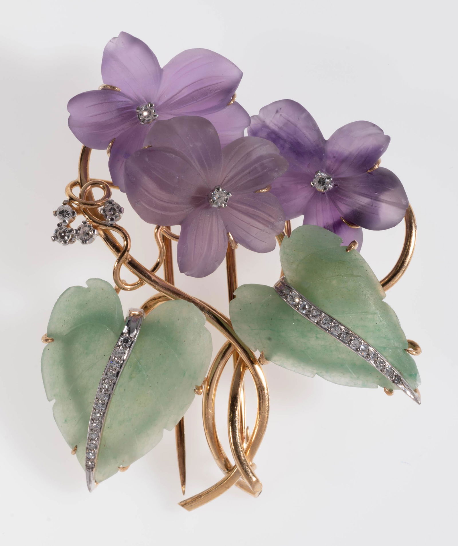 CARVED JADE, AMETHYST DIAMOND 14K GOLD FLOWER BROOCH (1 of 2)