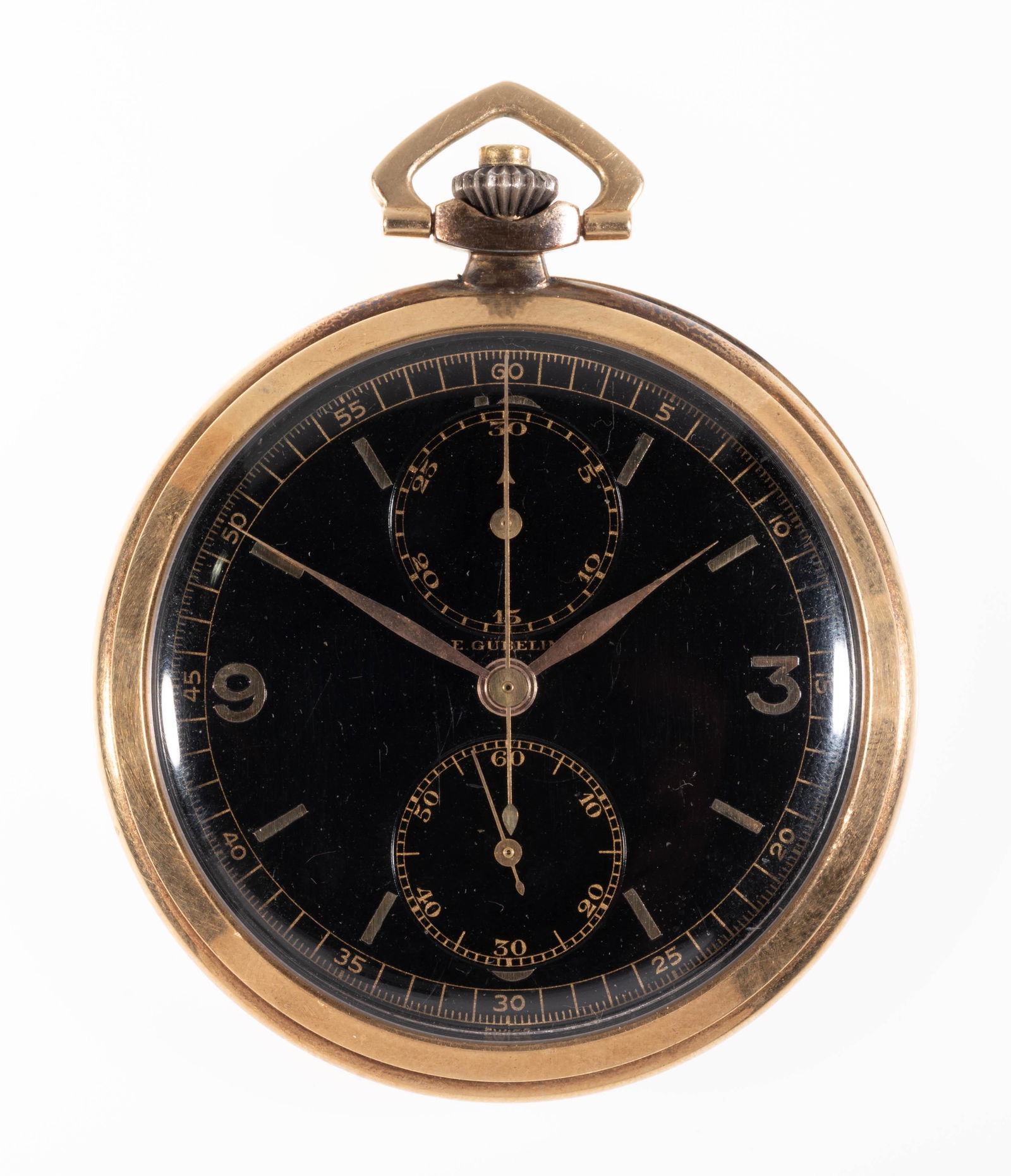 E. GUBELIN 14K GOLD CHRONOGRAPH BLACK DIAL POCKET WATCH (1 of 5)