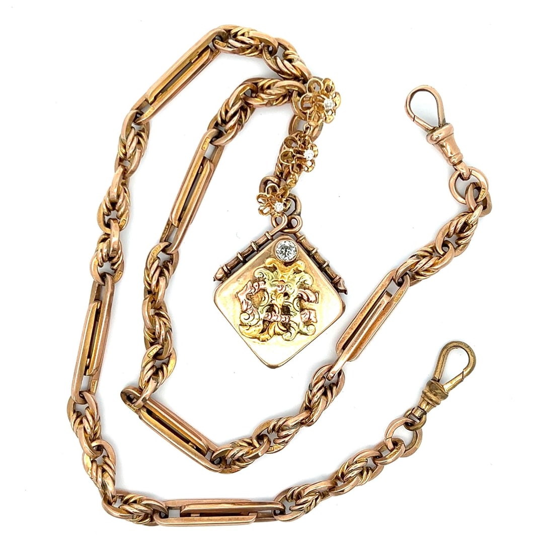 ENGLISH 9K GOLD ORNATE BOX LINK DOUBLE ALBERT WATCH CHAIN (1 of 3)