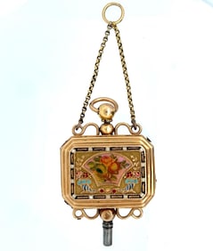 SWISS 18K GOLD AND ENAMEL MUSICAL WATCH KEY, CIRCA 1850