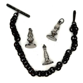 LOT OF 3 GEORGIAN CUT STEEL SEAL FOBS AND WATCH CHAIN, CIRCA 1840