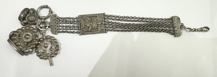 DUTCH SILVER CHATELAINE WITH 2 SEAL FOBS AND KEY, CIRCA 1825