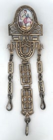 ANTIQUE CONTINENTAL GILT SILVER CHATELAINE WITH PORCELAIN PORTRAIT
