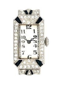 E. KOEHN FOR BIRKS PLATINUM DIAMOND AND ONYX ART DECO COCKTAIL WATCH
