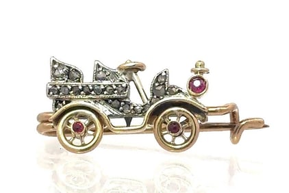 ANTIQUE AUTOMOBILE 14K GOLD DIAMOND AND RUBY PIN