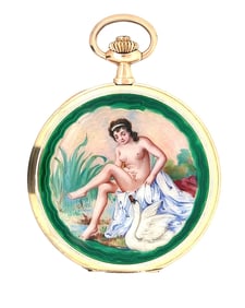 14K AND ENAMEL POCKET WATCH WITH NUDE AND SWAN