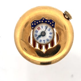 LONGINES AMERICAN FLAG SHIELD 18K GOLD AND ENAMEL LAPEL BUTTONHOLE WATCH