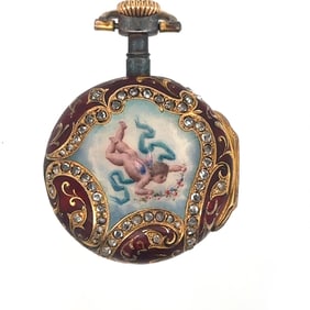 TIFFANY AND CO. MINIATURE 18K GOLD ENAMEL AND DIAMOND PENDANT WATCH, CIRCA 1885