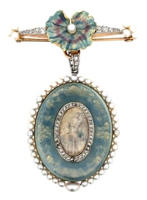 EDWARDIAN VERGER FRERES FOR THE GORHAM CO. GOLD, ENAMEL, NATURAL PEARL & DIAMOND PENDANT WATCH WITH