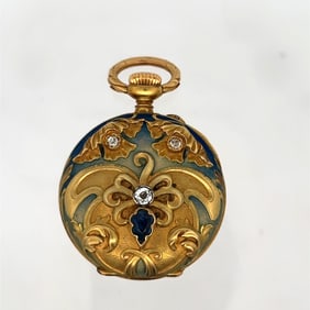 PATEK PHILIPPE FOR TIFFANY 18K GOLD ENAMEL DIAMOND AND SAPPHIRE MINIATURE PENDANT WATCH