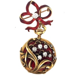 ART NOUVEAU 18K GOLD ENAMEL AND DIAMOND PENDANT WATCH WITH MATCHING PIN