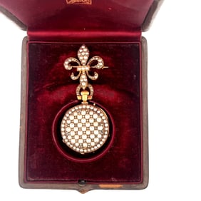 J. ROSSEL AND FILS GOLD ROSE CUT DIAMOND AND PEARL PENDANT WATCH WITH MATCHING PIN, CIRCA 1870