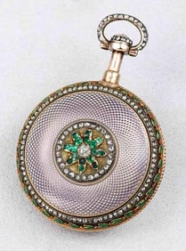 JULIEN LE ROY 18TH CENTURY VERGE FUSEE 18K GOLD ENAMEL EMERALD AND DIAMOND WATCH