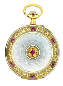LEICHT MAYER AND CO LUCERNE 14K GOLD ENAMEL AND BURMA RUBY POCKET WATCH