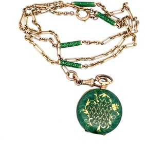 14K GOLD AND GREEN ENAMEL PENDANT WATCH WITH MATCHING CHAIN