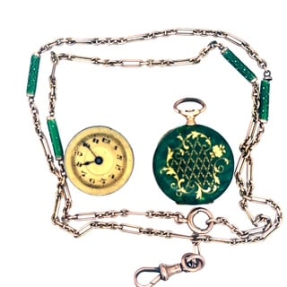 14K GOLD AND GREEN ENAMEL PENDANT WATCH WITH MATCHING CHAIN (1 of 9)