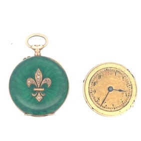 14K GOLD AND GREEN ENAMEL OSCAR FRESARD PENDANT WATCH