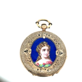 A. LAFFITE GENEVA GOLD AND ENAMEL KEY WIND PENDANT WATCH