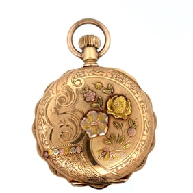 ELGIN 14K GOLD MULTI-COLOR HUNTING CASE PENDANT WATCH, CIRCA 1895