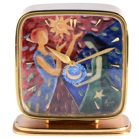 IMHOF 8 DAY BRASS DESK CLOCK WITH POLYCHROME ENAMEL DIAL