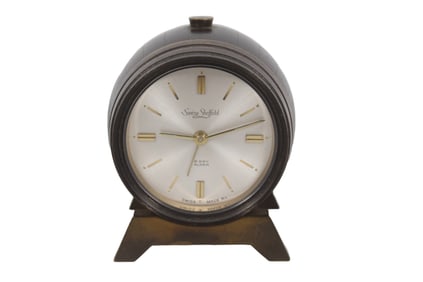 SWISA SHEFFIELD BARREL FORM 8 DAY DESK CLOCK WITH ALARM, CIRCA 1964