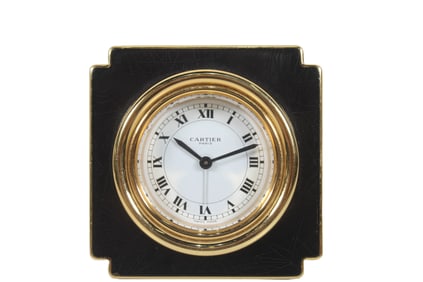 CARTIER BLACK LACQUER AND BRASS DESK CLOCK WITH ALARM, CIRCA 1980