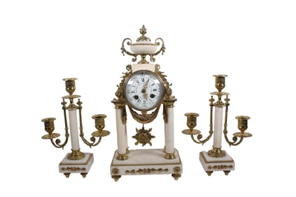 FRENCH EMPIRE ONYX AND GILT BRONZE CLOCK AND GARNITURE SET