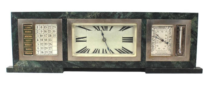 FRENCH ART DECO GREEN MARBLE DESK COMPENDIUM CLOCK BY C. H. HOUR
