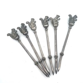 GEORGE SHARP STERLING SILVER SQUIRREL NUT PICK SET OF 6, CIRCA 1870