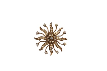 14K YELLOW GOLD & NATURAL SEED PEARL STARBURST BROOCH