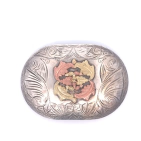 STERLING SILVER, YELLOW AND ROSE GOLD WESTERN BELT BUCKLE