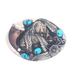 NATIVE AMERICAN TURQUOISE AND BEAR CLAW BELT BUCKLE, SIGNED BB