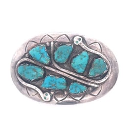 EFIE C. ZUNI STERLING SILVER AND TURQUOISE NATIVE AMERICAN BELT BUCKLE