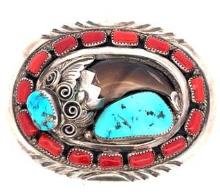 NATIVE AMERICAN SILVER, TURQUOISE, CORAL AND BEAR CLAW BELT BUCKLE BY J.W. TOADLENA