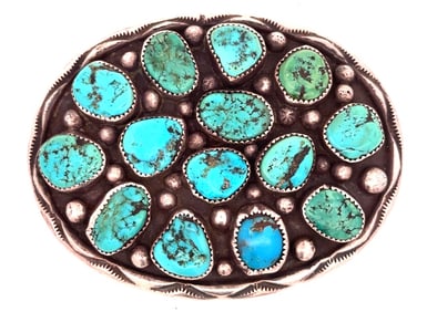 VINTAGE NATIVE AMERICAN TURQUOISE AND SILVER BELT BUCKLE, SIGNED