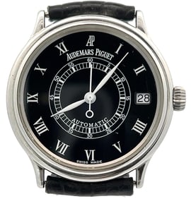 AUDEMARS PIGUET MENS STAINLESS STEEL AUTOMATIC WRISTWATCH WITH BLACK DIAL, CIRCA 2000