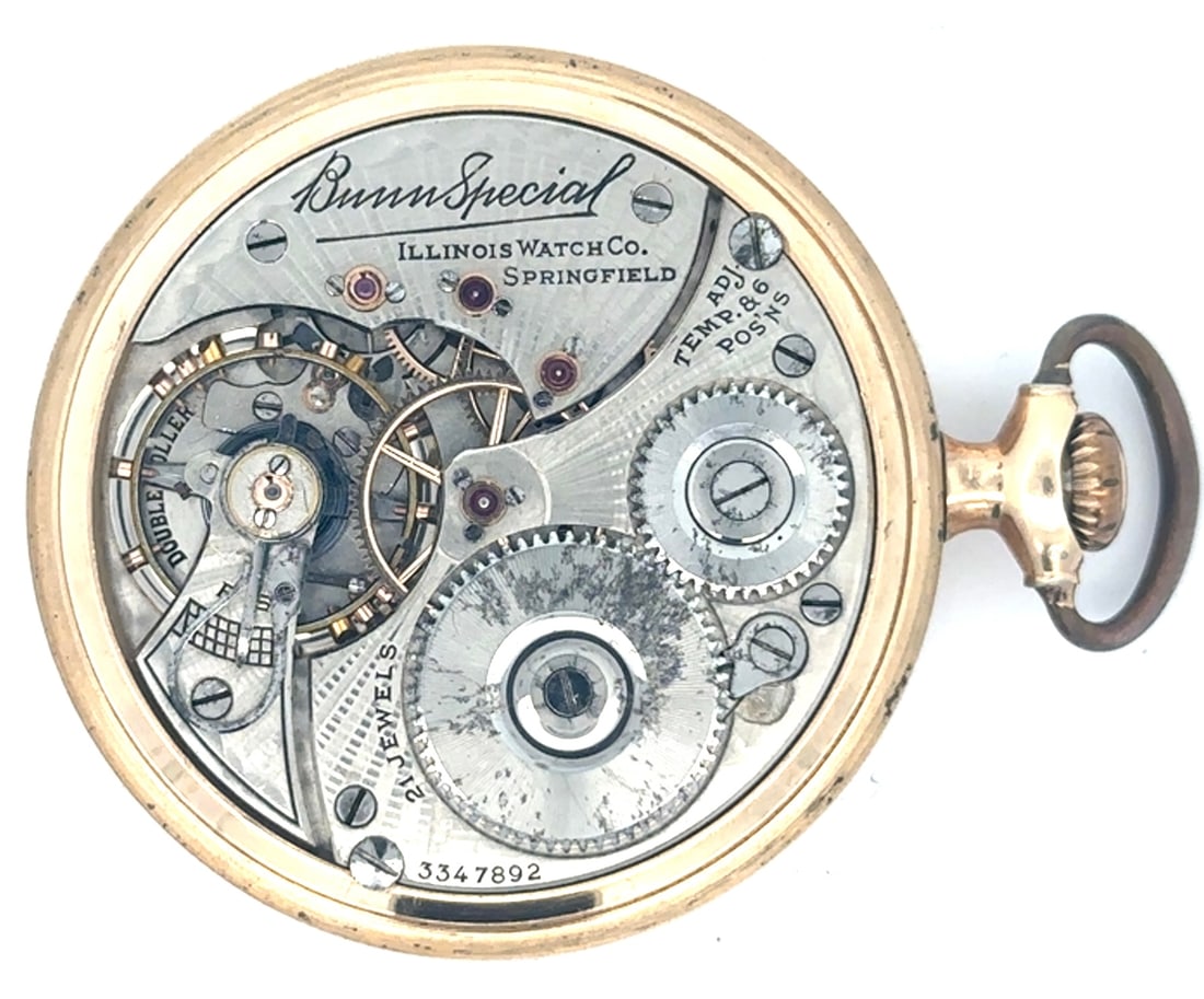 RARE ILLLINOIS BUNN SPECIAL HUNTING CASE POCKET WATCH, CIRCA 1918: Illinois Watch Co. Bunn Special Grade 21 jewel Model 8 hunting case pocket watch movement has a nickel bridge plate lever set movement with ray pattern damaskeening and solid gold gear train. This is