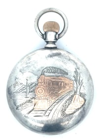 3 OUNCE STERLING SILVER WITH GOLD INLAID LOCOMOTIVE PRIVATE LABEL WALTHAM POCKET WATCH