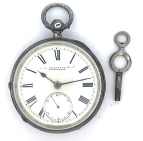 J M SKARRATT AND CO ENGLISH SILVER KEY WIND POCKET WATCH, CIRCA 1888