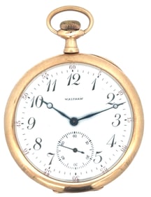 WALTHAM 14K GOLD 19 JEWEL COLONIAL RIVERSIDE OPEN FACE POCKET WATCH, CIRCA 1908