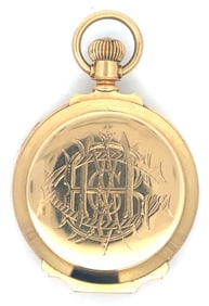 18K GOLD BOX HINGE BARREL CASE 8 SIZE ELGIN HUNTING CASE POCKET WATCH, CIRCA 1885