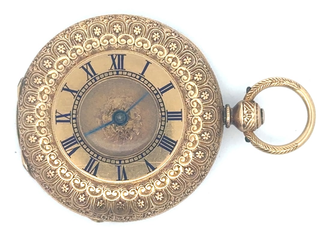 GEORGE ORAM AND SON 18K DEMI-HUNTER PENDANT WATCH, CIRCA 1875: 18k yellow gold Demi-hunter pendant watch by George Oram and Son, 19 and 18 Wilmington Square, London is in an ornately engraved case with London hallmarks for 1875. The watch has a gilt 3/4 plate fus