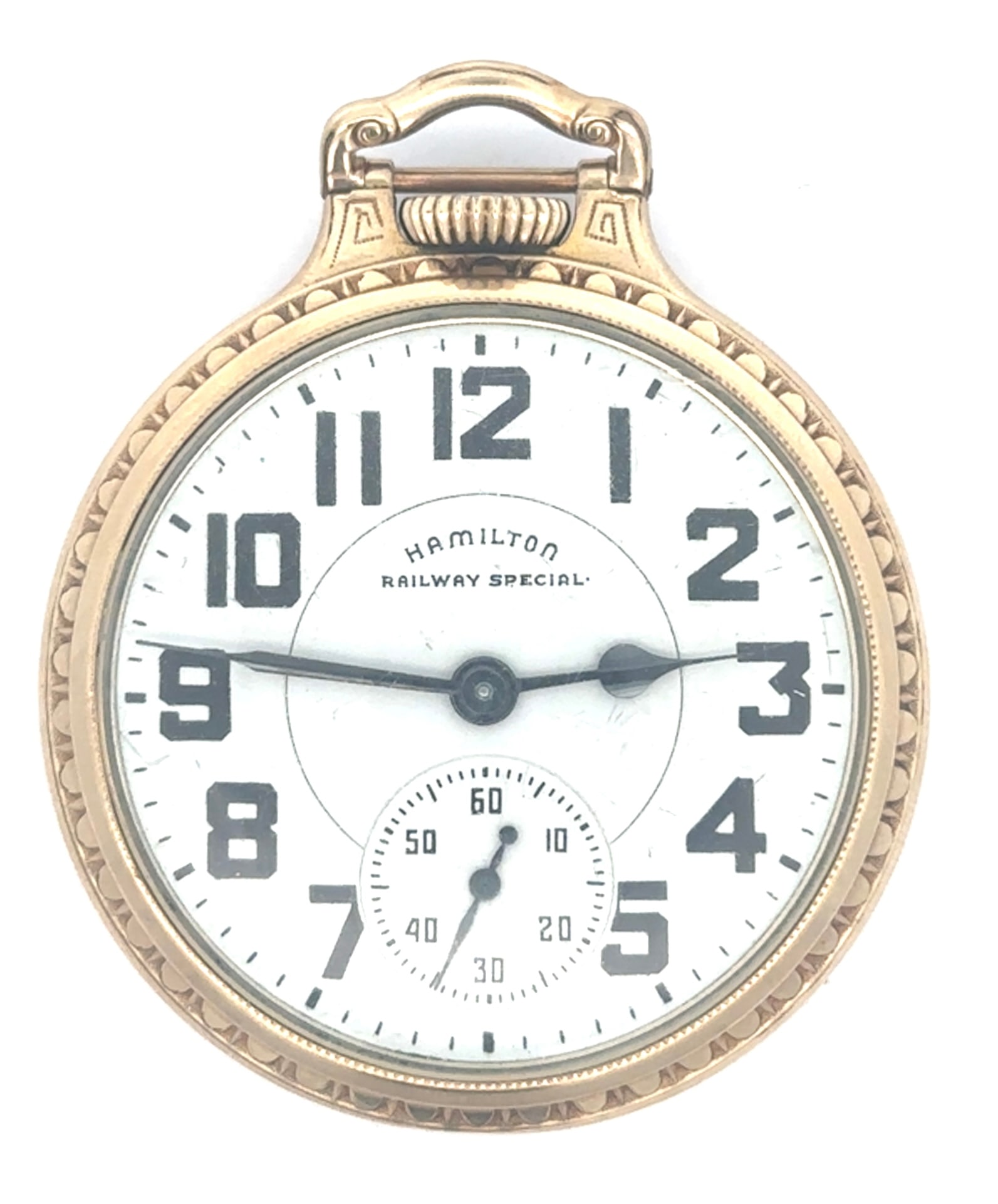 HAMILTON GRADE 992B 21 JEWEL RAILROAD POCKET WATCH, CIRCA 1951: Hamilton Grade 992B 21 jewel railroad grade lever set open face 16 size pocket watch has a double sunk dial with bold Arabic numerals and marked Hamilton Railway Special and is in the Hamilton Bar-Ove