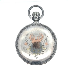 COIN SILVER AND GOLD INLAY WITH STAG HEAD 18 SIZE ELGIN HUNTING CASE POCKET WATCH